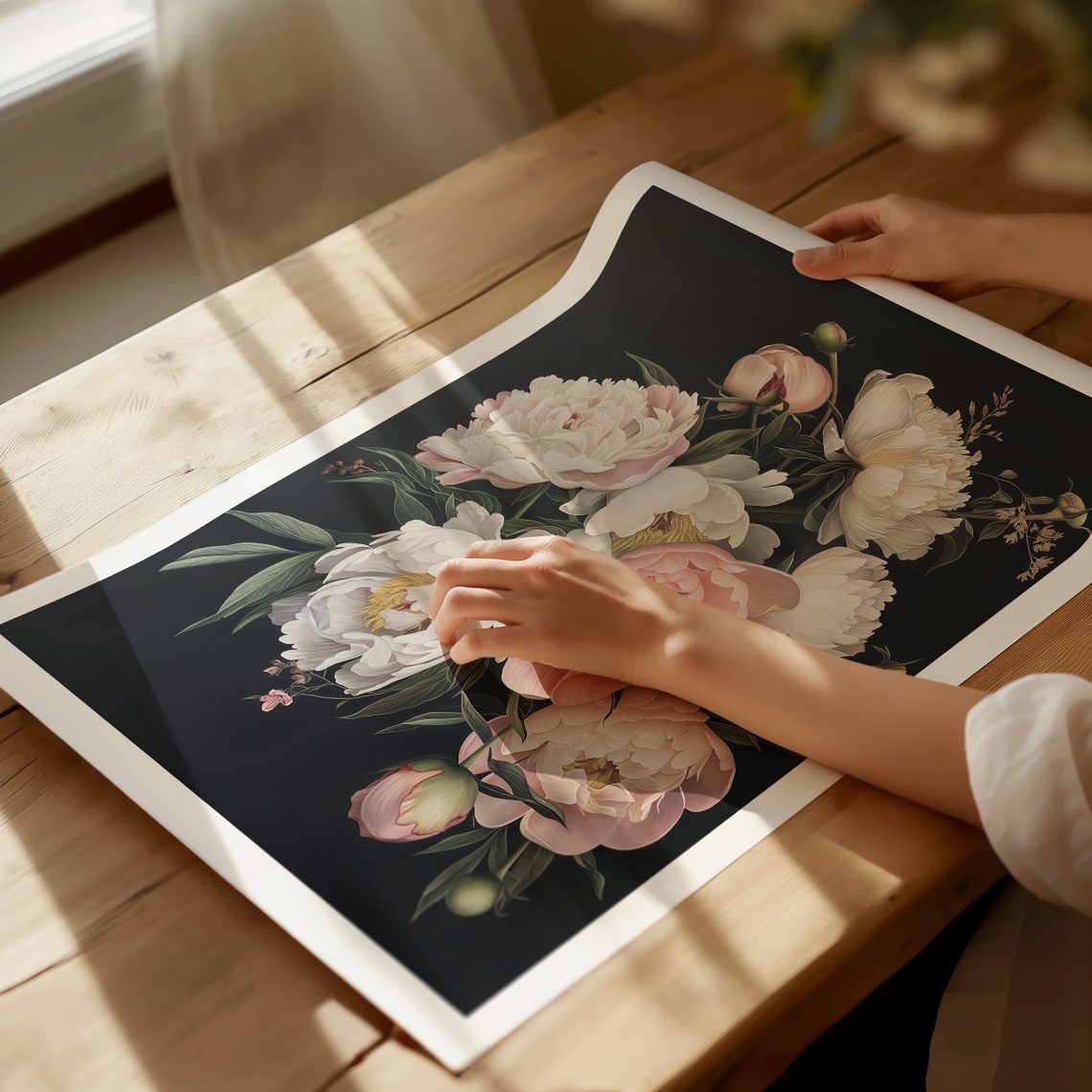 Blush and White Peony Bouquet Dark Background Vintage Floral Poster - Image 3