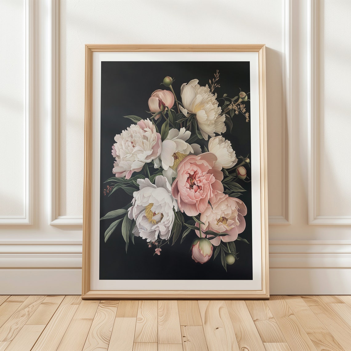 Blush and White Peony Bouquet Dark Background Vintage Floral Poster - Image 2