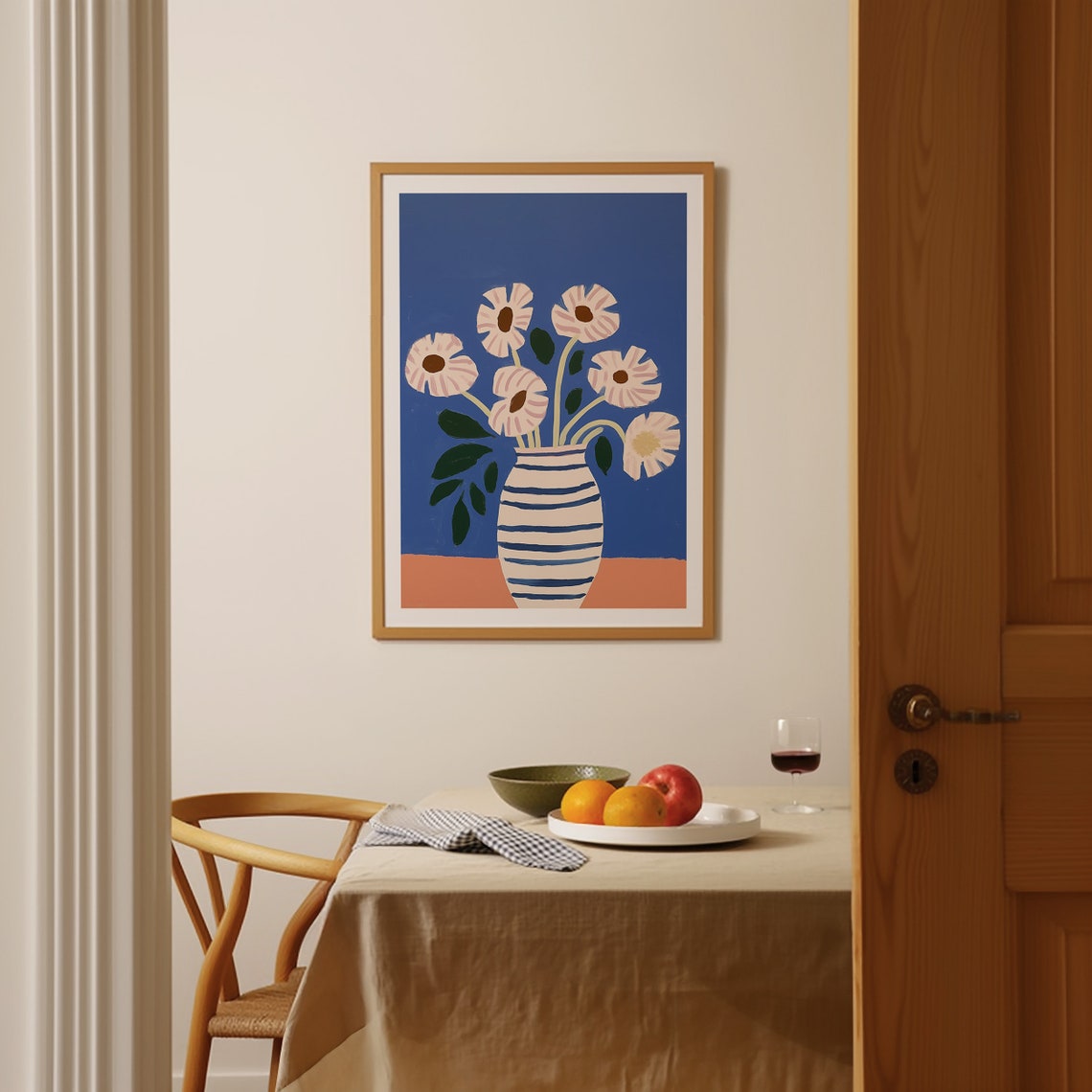 Pale Pink Flowers In Striped Vase On Cobalt Blue Background Poster - Image 2