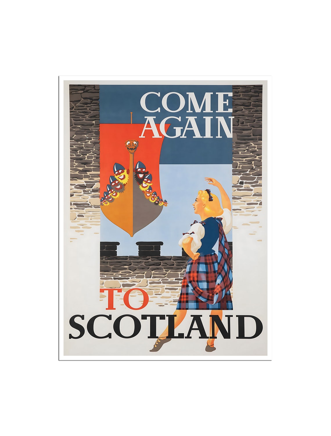 Come Again To Scotland Viking Ship Tartan Lady Travel Poster