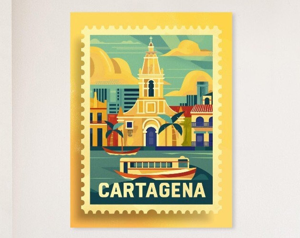 Cartagena Colonial Church Boats Vintage Travel Stamp Style Poster