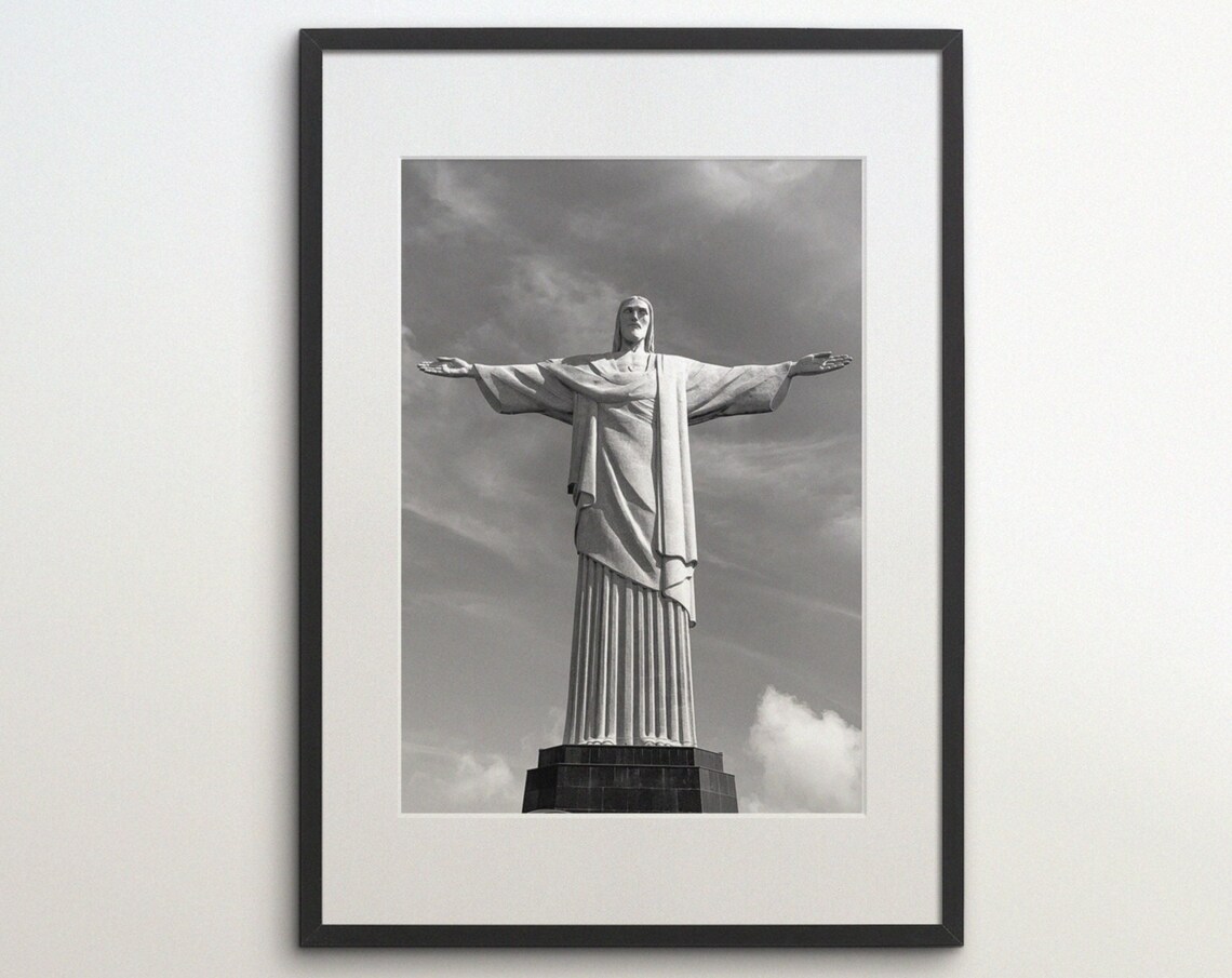Christ the Redeemer Statue With Outstretched Arms Black White Monument Poster