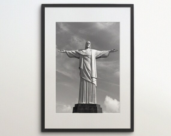 Christ the Redeemer Statue With Outstretched Arms Black White Monument Poster