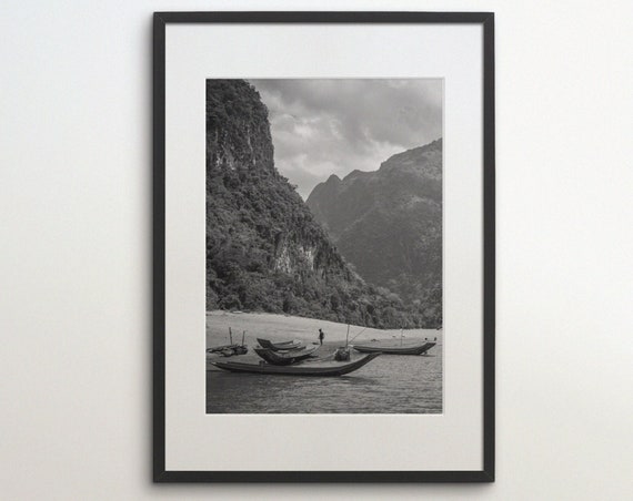 Laos Mountain River Jungle Instant Black White Photography Wall Art Travel Poster Laos Art Print Canoes