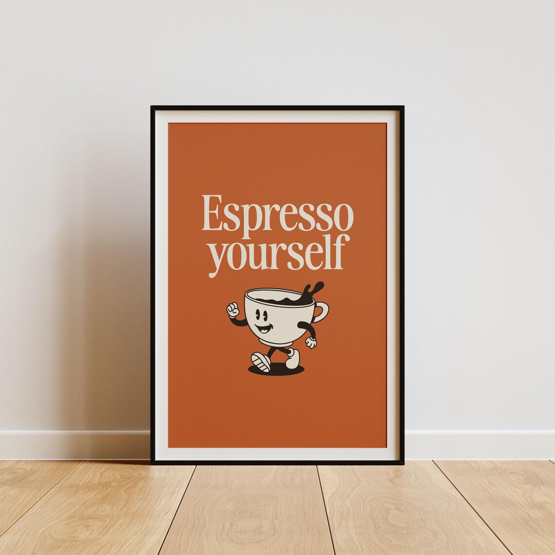 Espresso Yourself Retro Coffee Cup Mascot Quote Poster Terracotta - Image 2