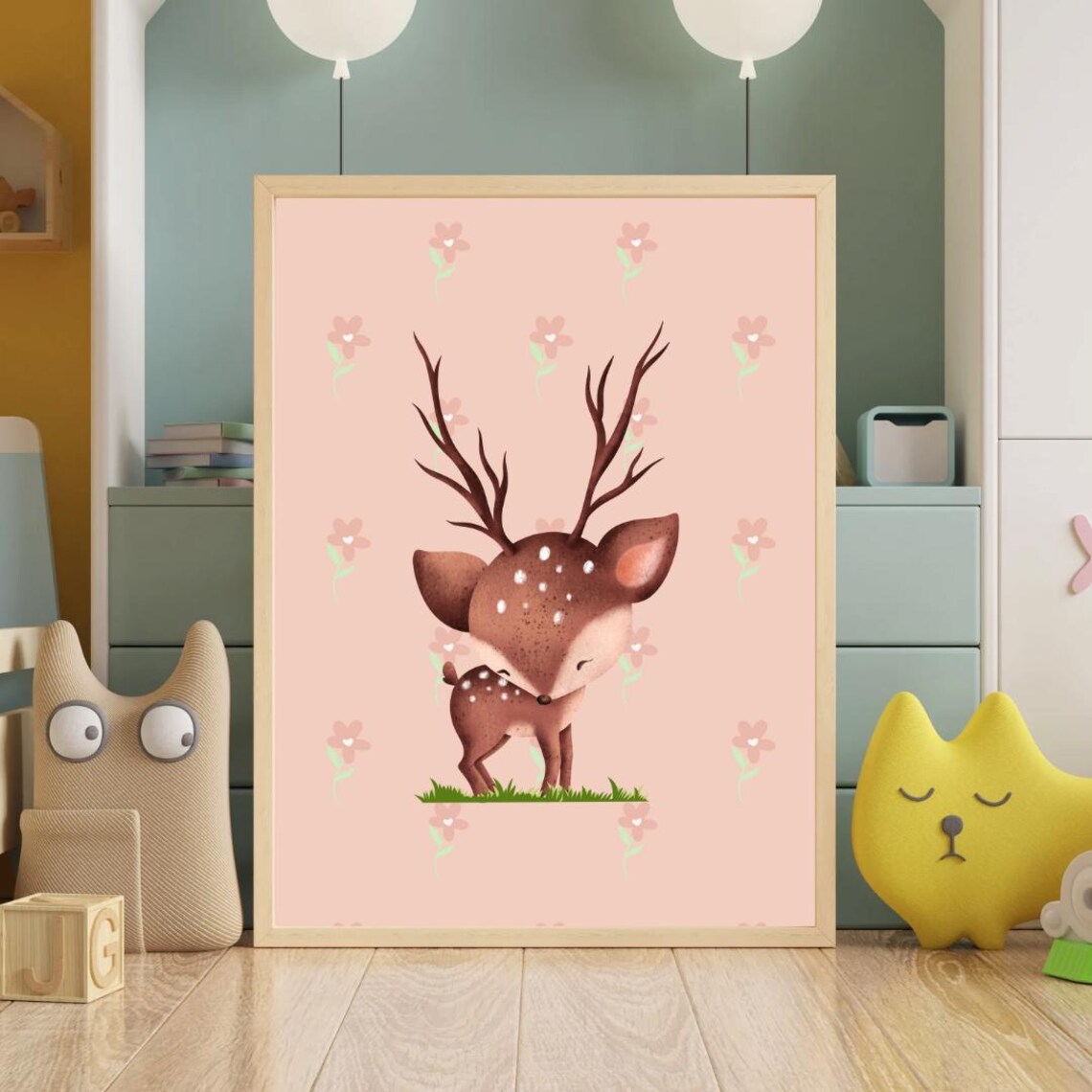Cute Baby Deer Nursery Poster Sweet Fawn Pink Floral Art For Kids