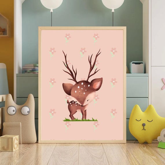 Floral Deer Nursery Wall Art Set Of 3printable Animal Posters For Baby Girl Room Pink Giraffe Style Kids Decor Gazelle