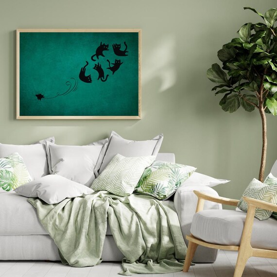 Flying Black Cats Whimsical Teal Minimalist Cat Lover Fun Wall Poster