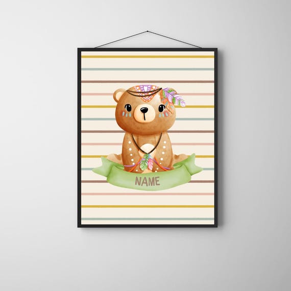 Custom Tribal Bear Print Personalized Boho Nursery Wall Art For Kids Name Poster Baby Room