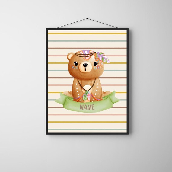 Personalized Tribal Bear Name Poster Boho Watercolor Nursery Feather Decor