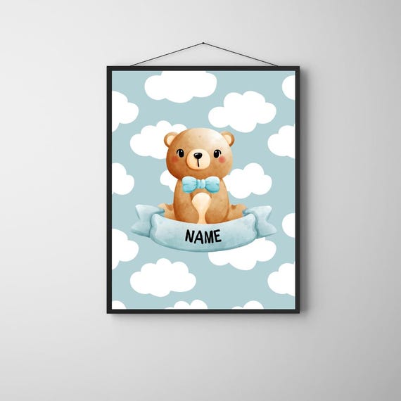 Custom Bear Boy Name Print Blue Nursery Wall Art For Boys Personalized Poster Cute Baby Room Decor