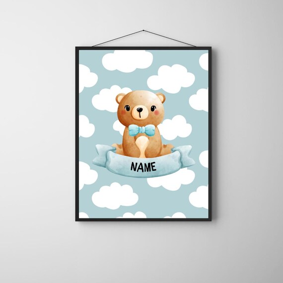Personalized Blue Bear Nursery Poster Custom Name Banner Baby Boy Art