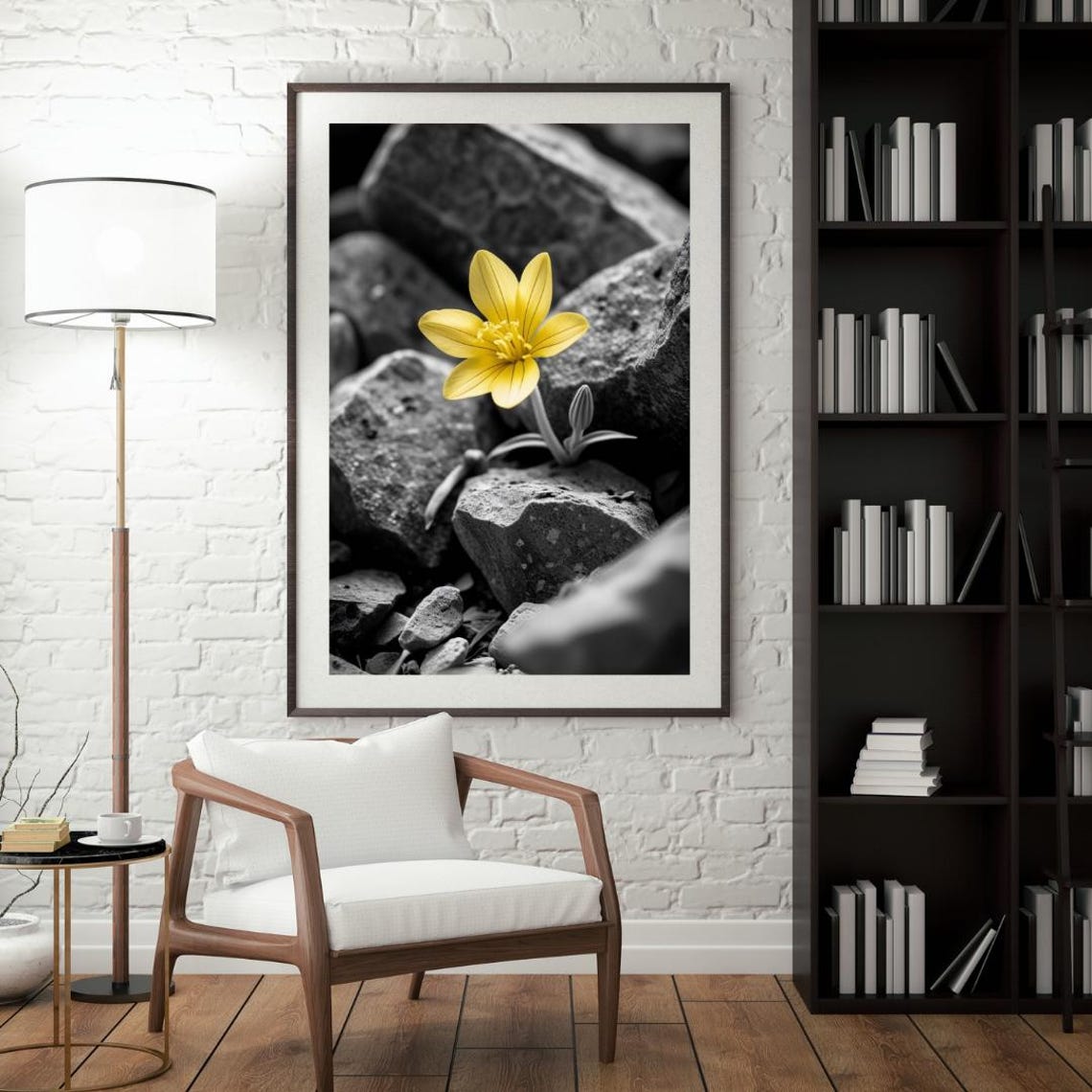 Yellow Flower Among Stones Minimalist Black And White Wall Art Bold Color Pop Botanical Print Poster Accent