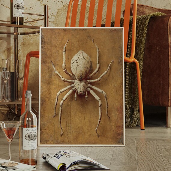 Pale Spider On Crackled Gold Creepy Gothic Halloween Art Poster