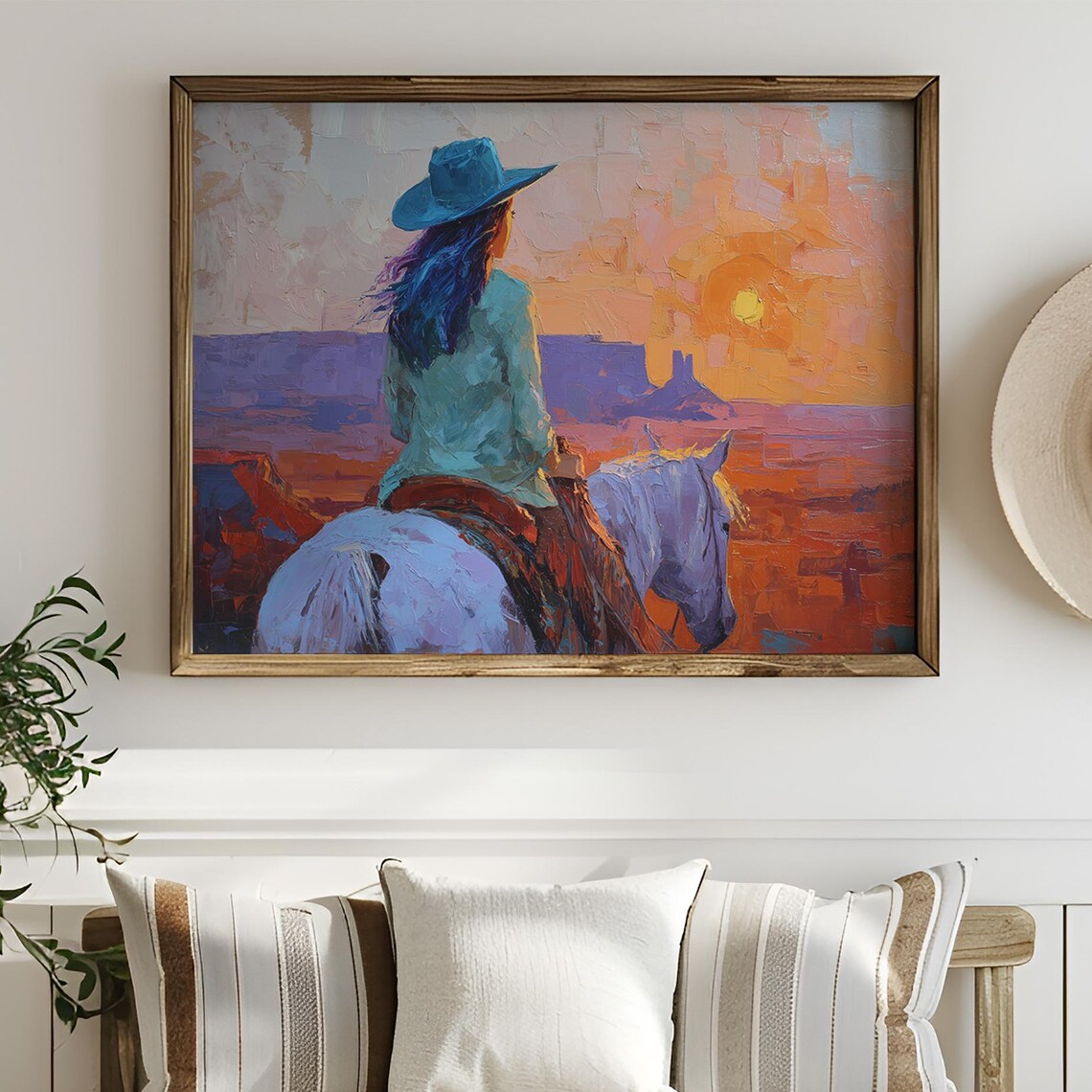 Cowgirl Watching Sunset Over Painted Desert Art Print