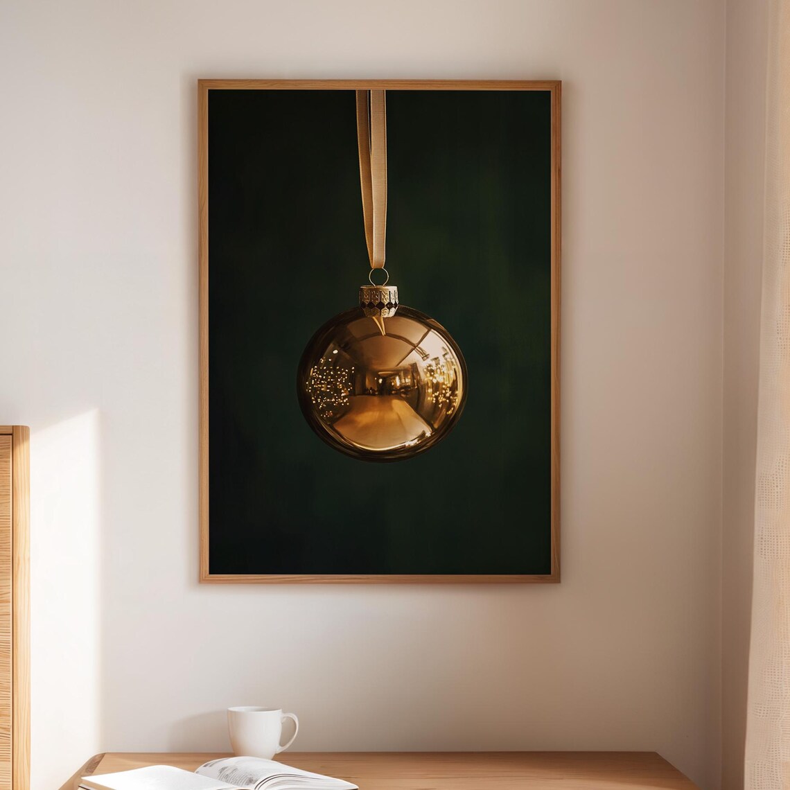 Elegant Gold Christmas Bauble On Dark Green Holiday Ornament Poster
