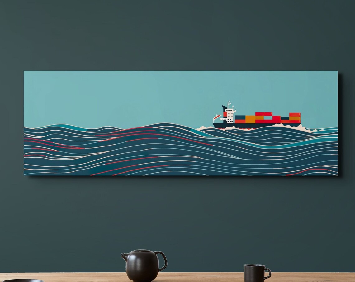 Panoramic Cargo Ship in Ocean, Nautical Art Print