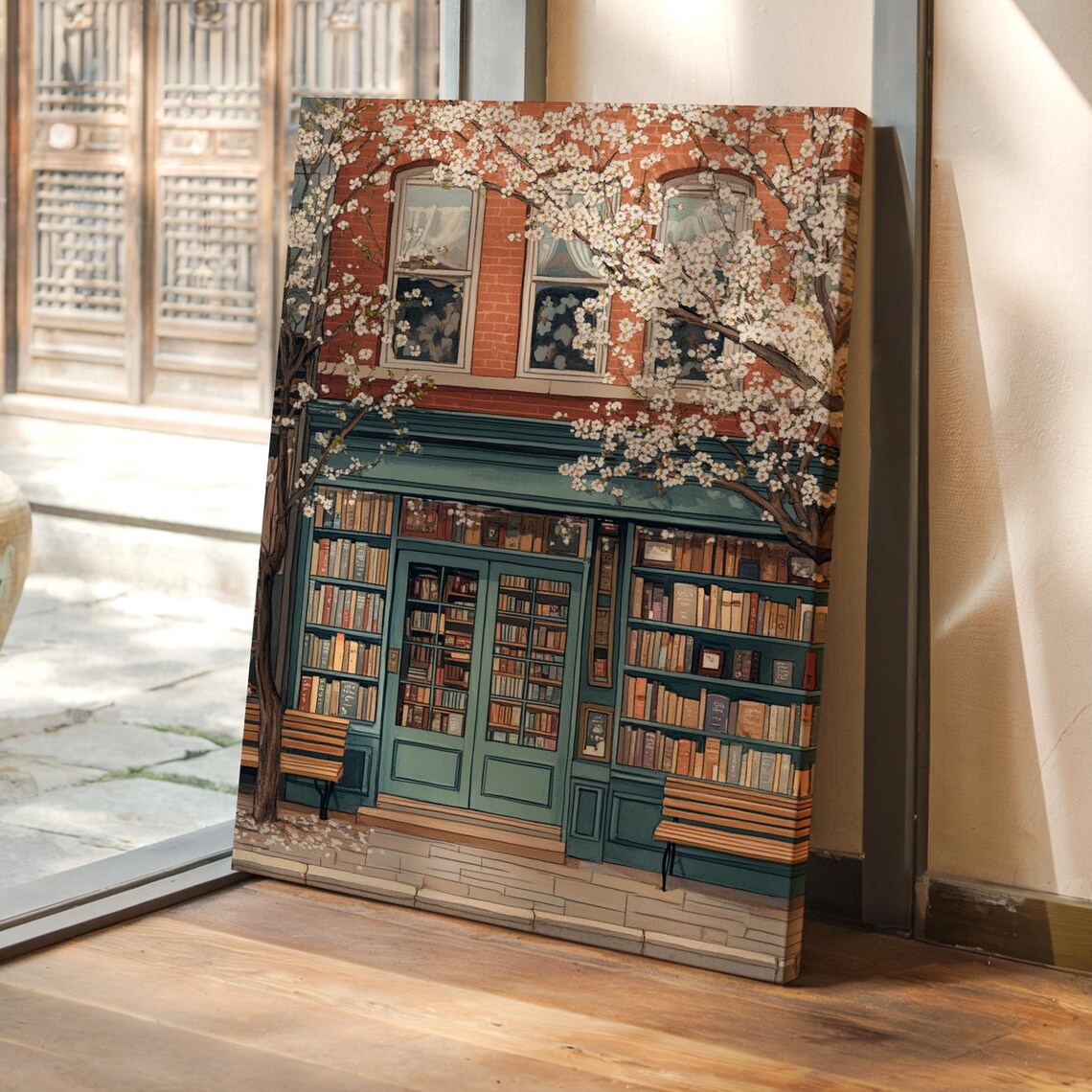 Bookshop Glass Doors Poster With Cherry Blossom Branches And Benches