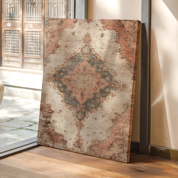 Vintage Distressed Rug Art Print, Rustic Boho Medallion