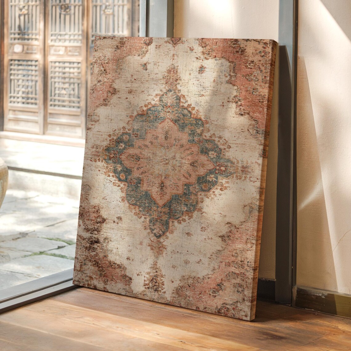 Vintage Distressed Rug Art Print, Rustic Boho Medallion