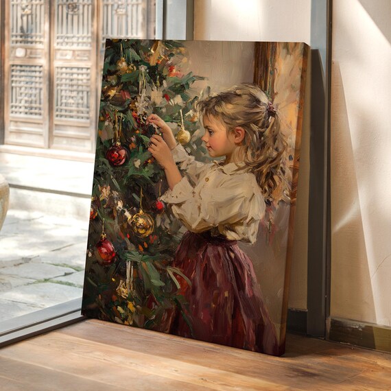 Little Girl Decorating Christmas Tree Vintage Oil Style Holiday Art Poster