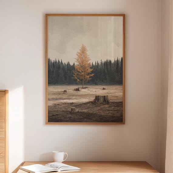 Lone Autumn Tree Canvas Wall Art Minimalist Forest Landscape Print Modern Nature Decor Symbolic Survival Artwork For Home Or Office