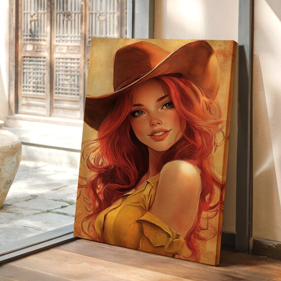Redhead Cowgirl In Cowboy Hat Golden Oil Painting Western Beauty Poster