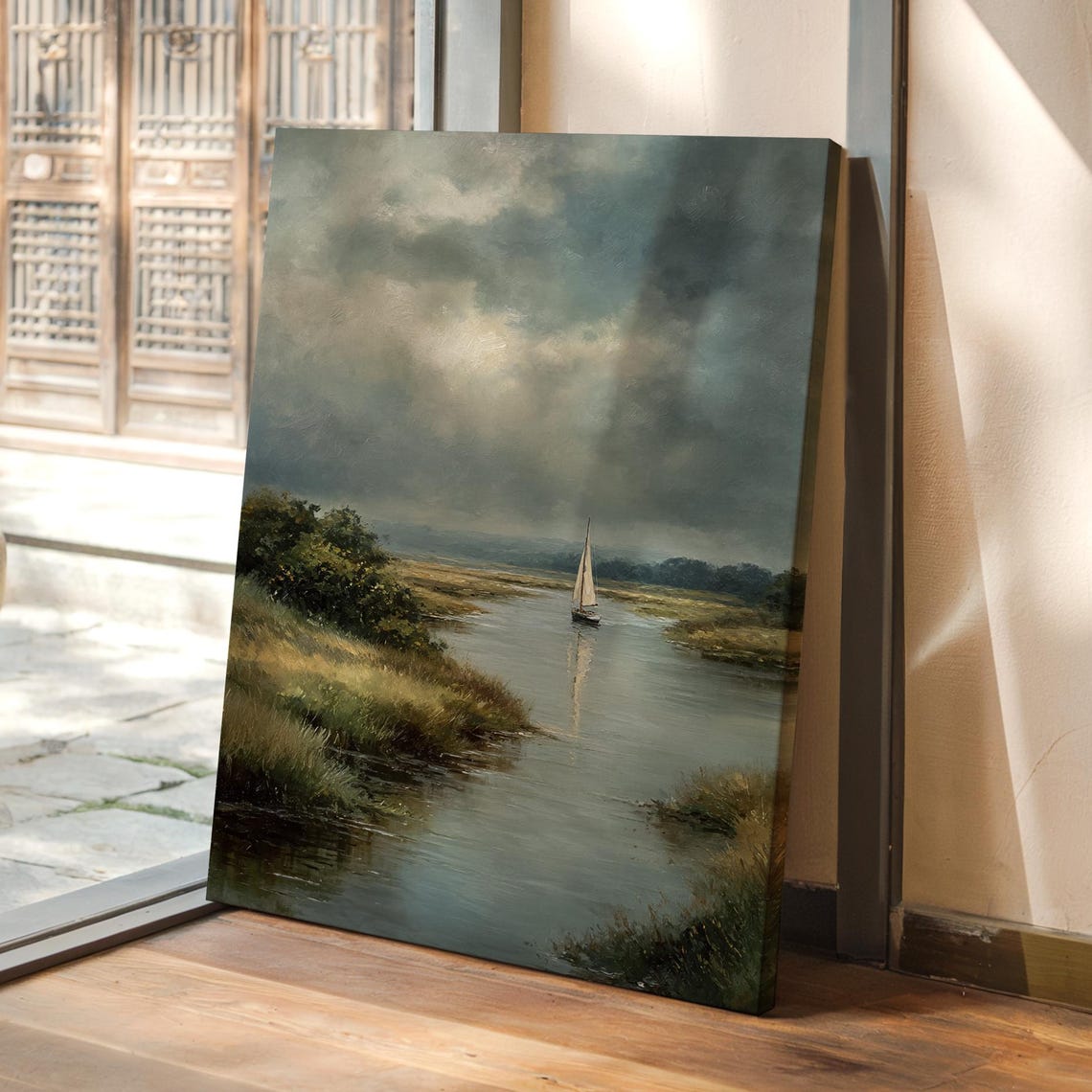 Sailboat On River Moody Cloudy Sky Marsh Oil Painting Art Poster