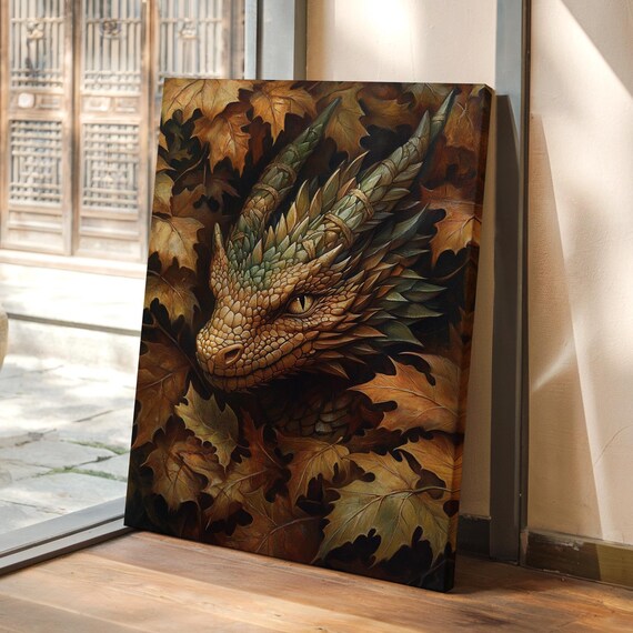 Sleeping Dragon Hidden Among Autumn Oak Leaves Artwork Poster