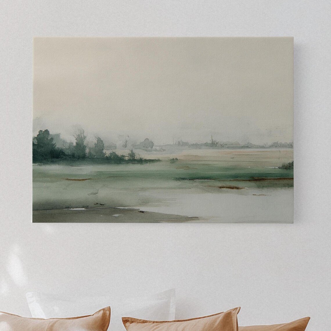Misty Green Meadow Soft Watercolor Landscape Minimalist Neutral Calm Poster