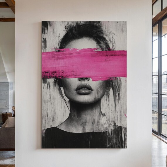 Abstract Portrait Art With Bold Pink Brushstroke Modern Wall Art For Stylish Home Decor Black And White With Color Pop