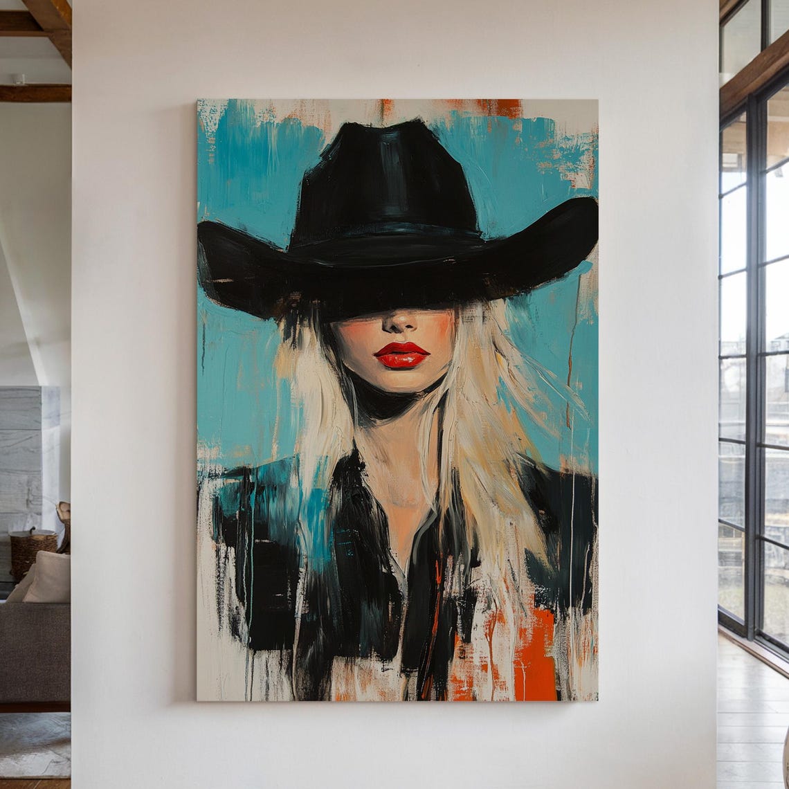 Bold Western Cowgirl Wall Art Vibrant Abstract Cowboy Hat Portrait Print For Modern Southwestern And Rustic Ranch Home Decor