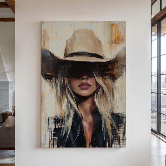 Mysterious Cowgirl Portrait Western Woman Canvas Art Rustic Country Moody Wild West Painting Cowboy Hat Wall Decor