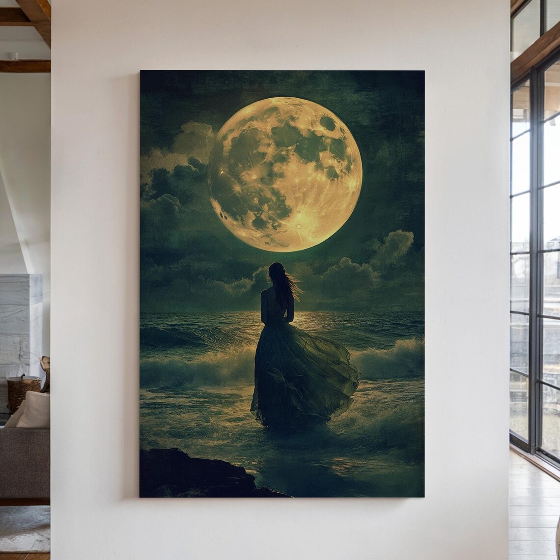 Full Moon Ocean Woman in Flowing Dress Art Print - Image 7