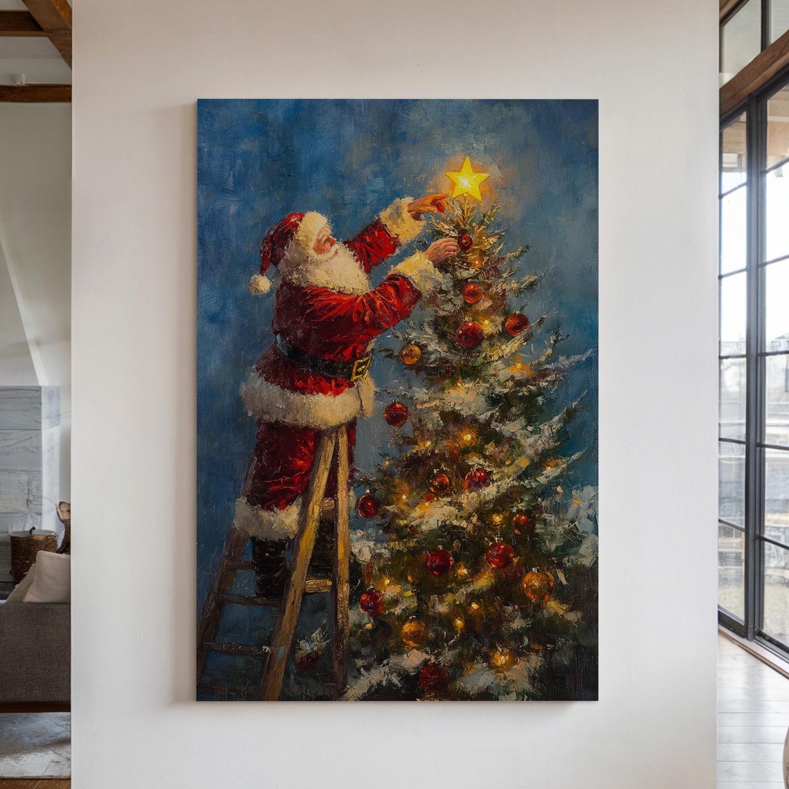 Santa Claus Placing Star On Christmas Tree Night Holiday Scene Poster