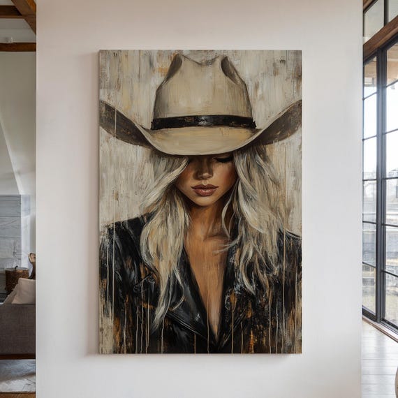 Western Cowgirl Canvas Art Rustic Blonde Woman Print Vintage Country Decor Cowboy Hat Wall Modern Farmhouse