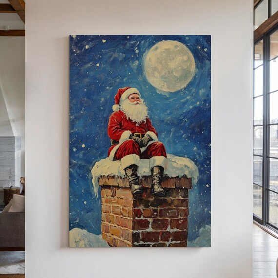 Santa Claus On Chimney Whimsical Christmas Art Starry Night Santa Festive Holiday Decor Moonlit Winter Scene Santa Poster
