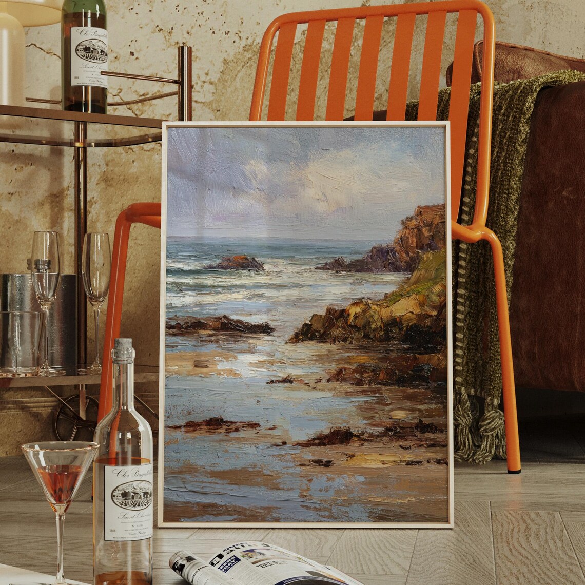 Rocky Shoreline With Rolling Waves Textured Oil Coastal Seascape Art Poster