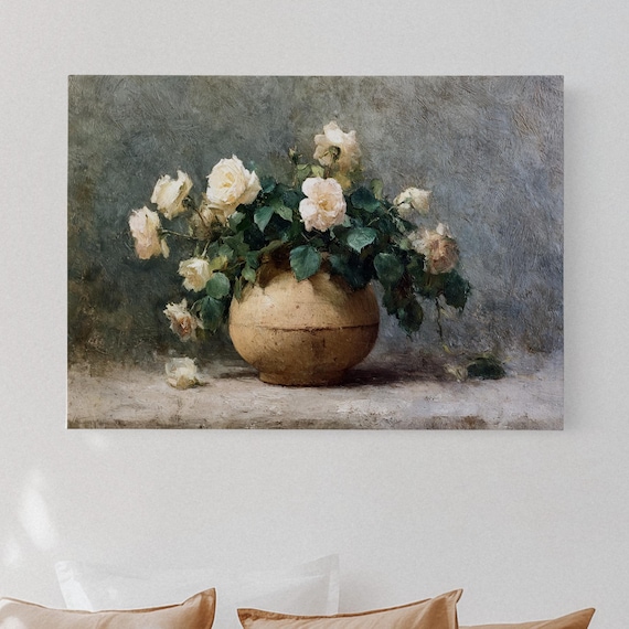 White Roses In Vintage Vase Classic Floral Oil Painting Poster