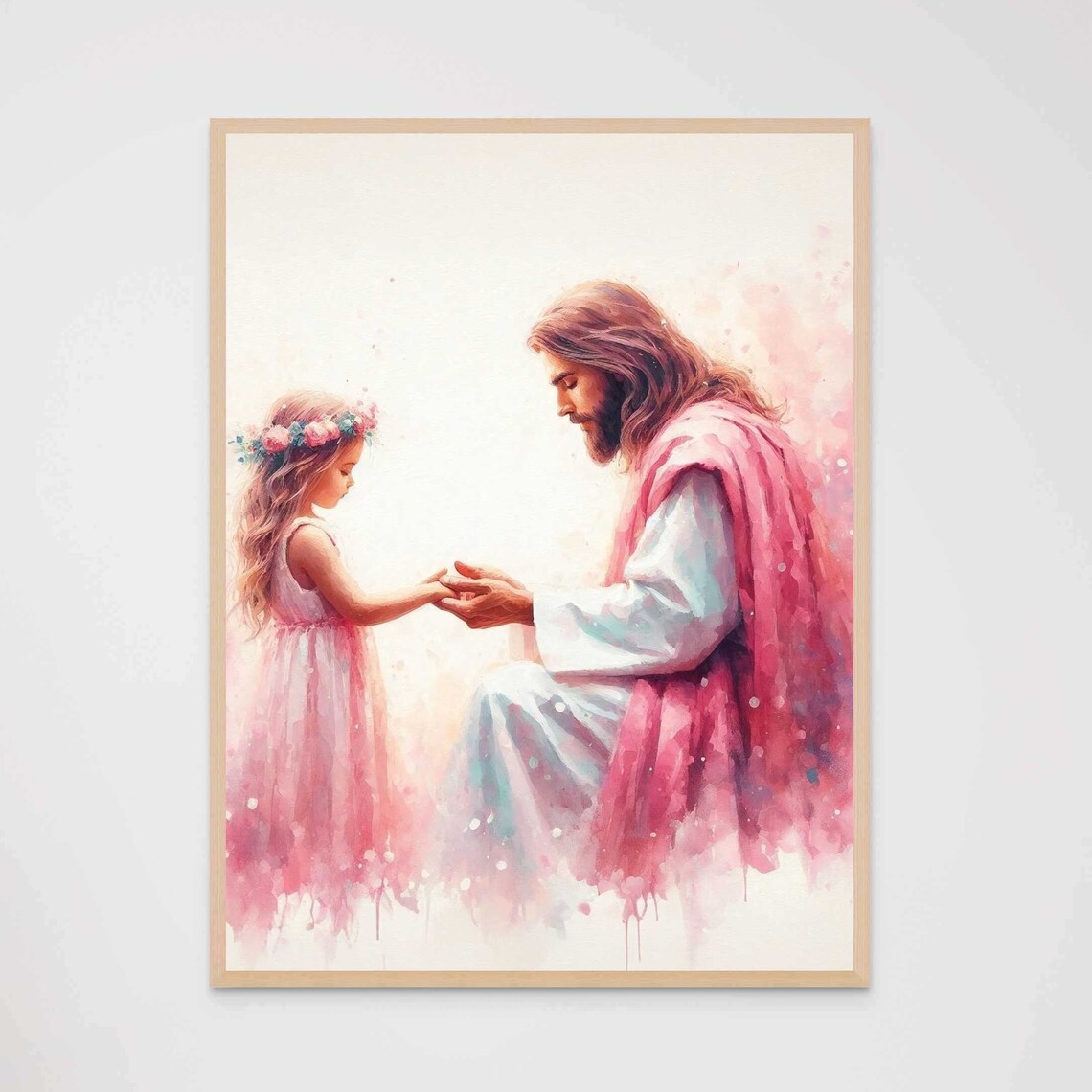 Jesus Kneeling With Girl Wearing Flower Crown Watercolor Poster - Image 7