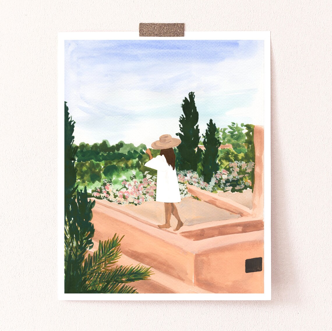 Woman On Terracotta Terrace Morocco Garden View Watercolor Travel Poster - Image 2
