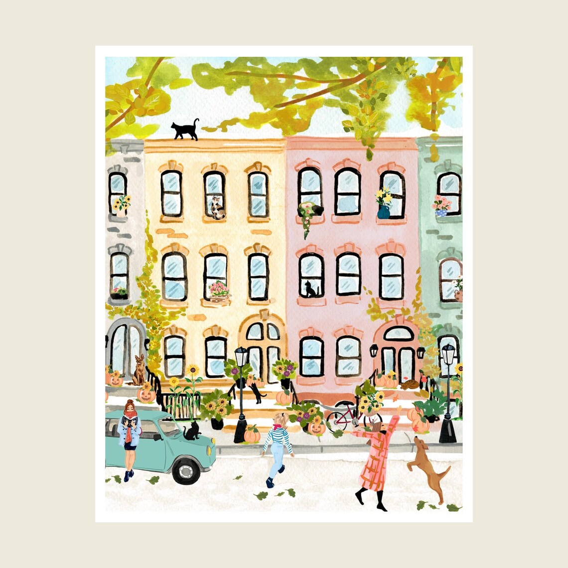 Fall City Watercolor Art Print, Pastel Autumn Decor