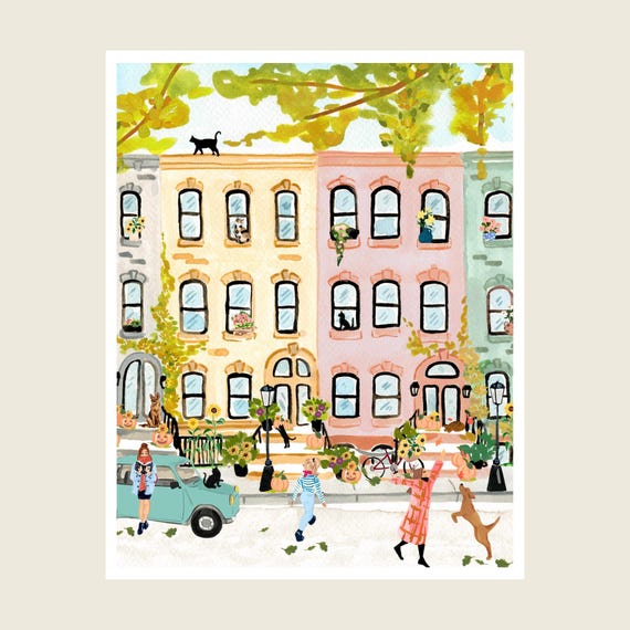Fall City Watercolor Art Print, Pastel Autumn Decor