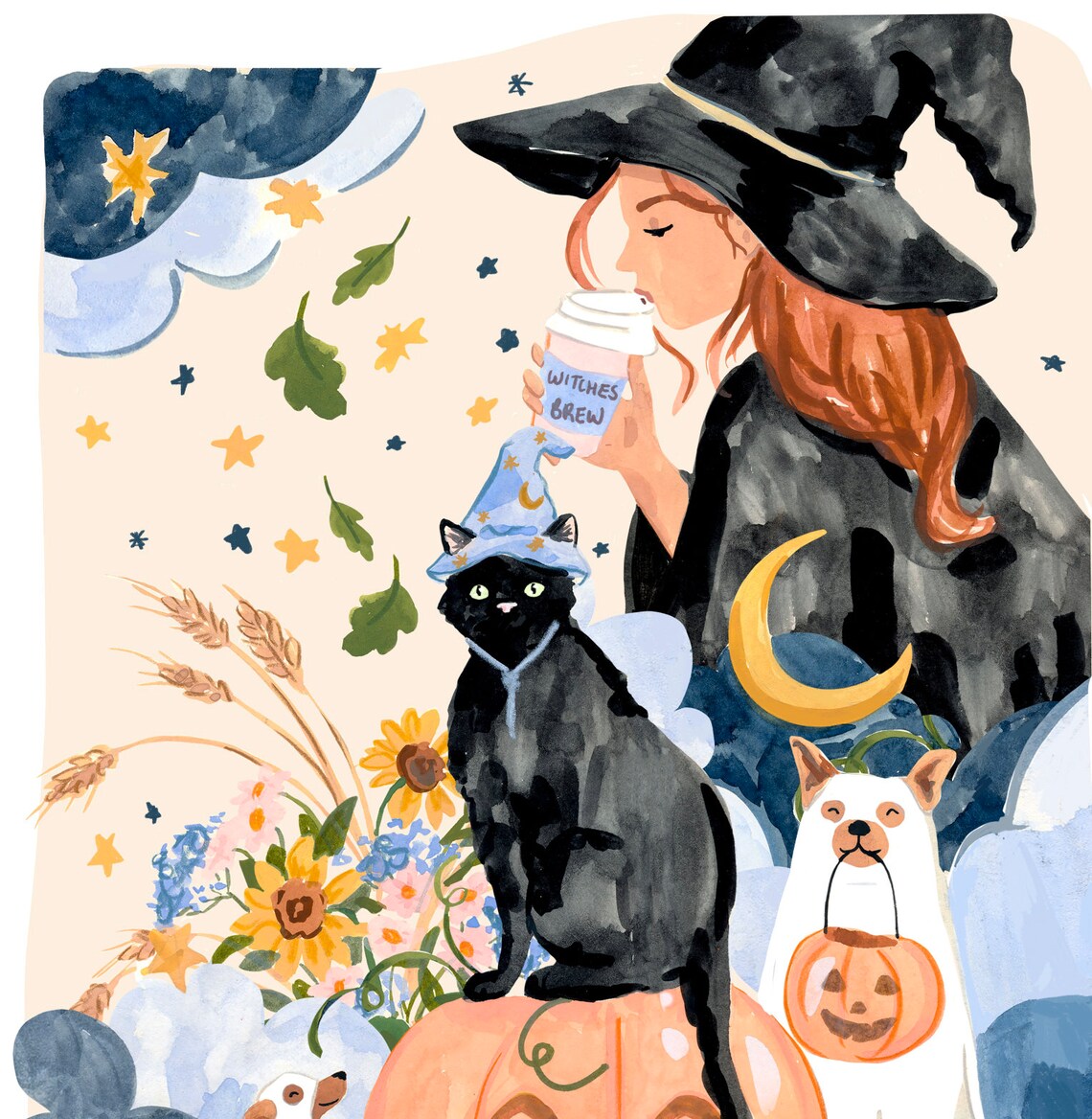 Halloween Witch Black Cat and Ghost Dogs Art Print - Image 4