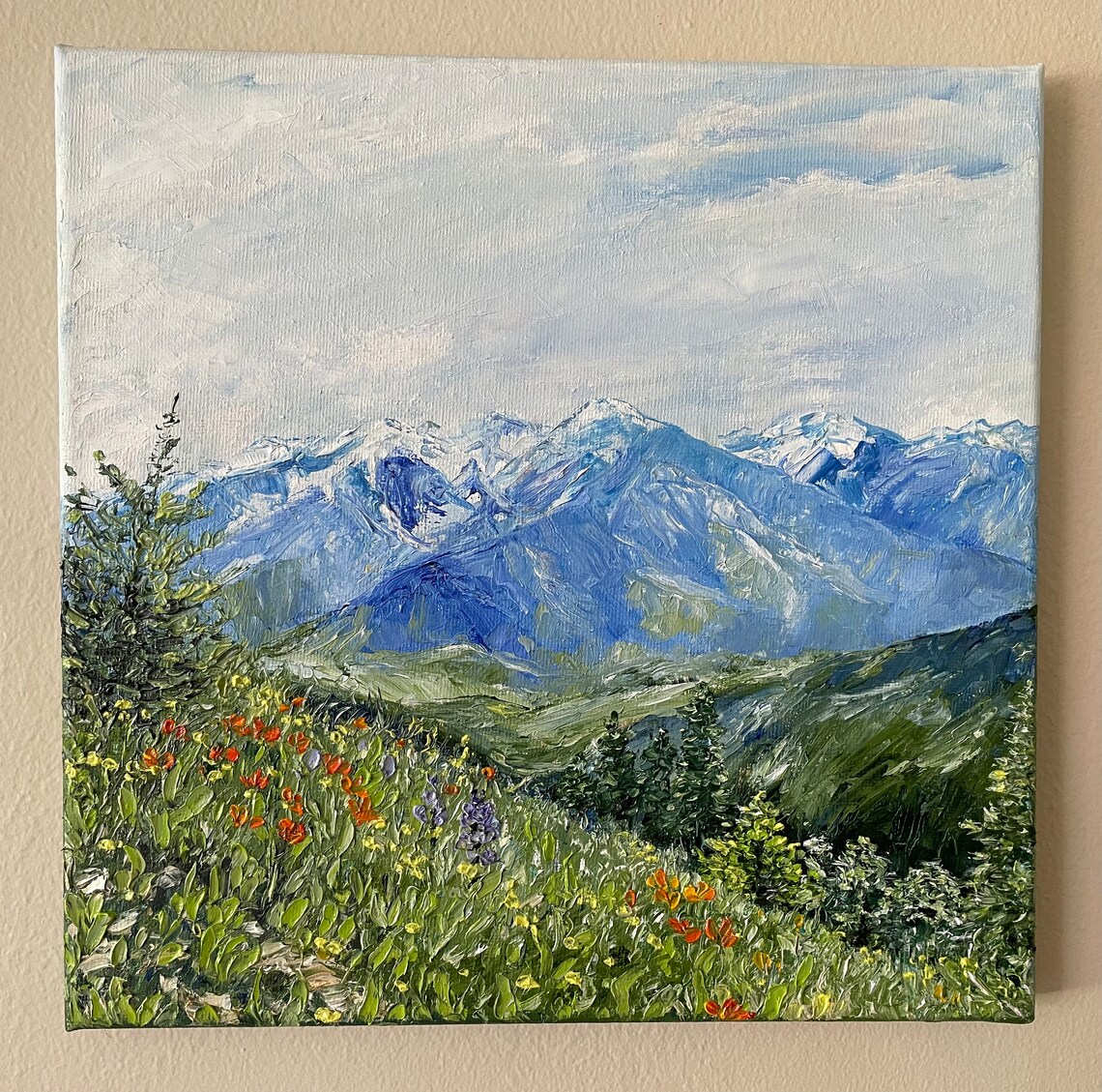 Snowy Blue Mountains Wildflower Meadow Alpine Landscape Oil Wall Art - Image 2
