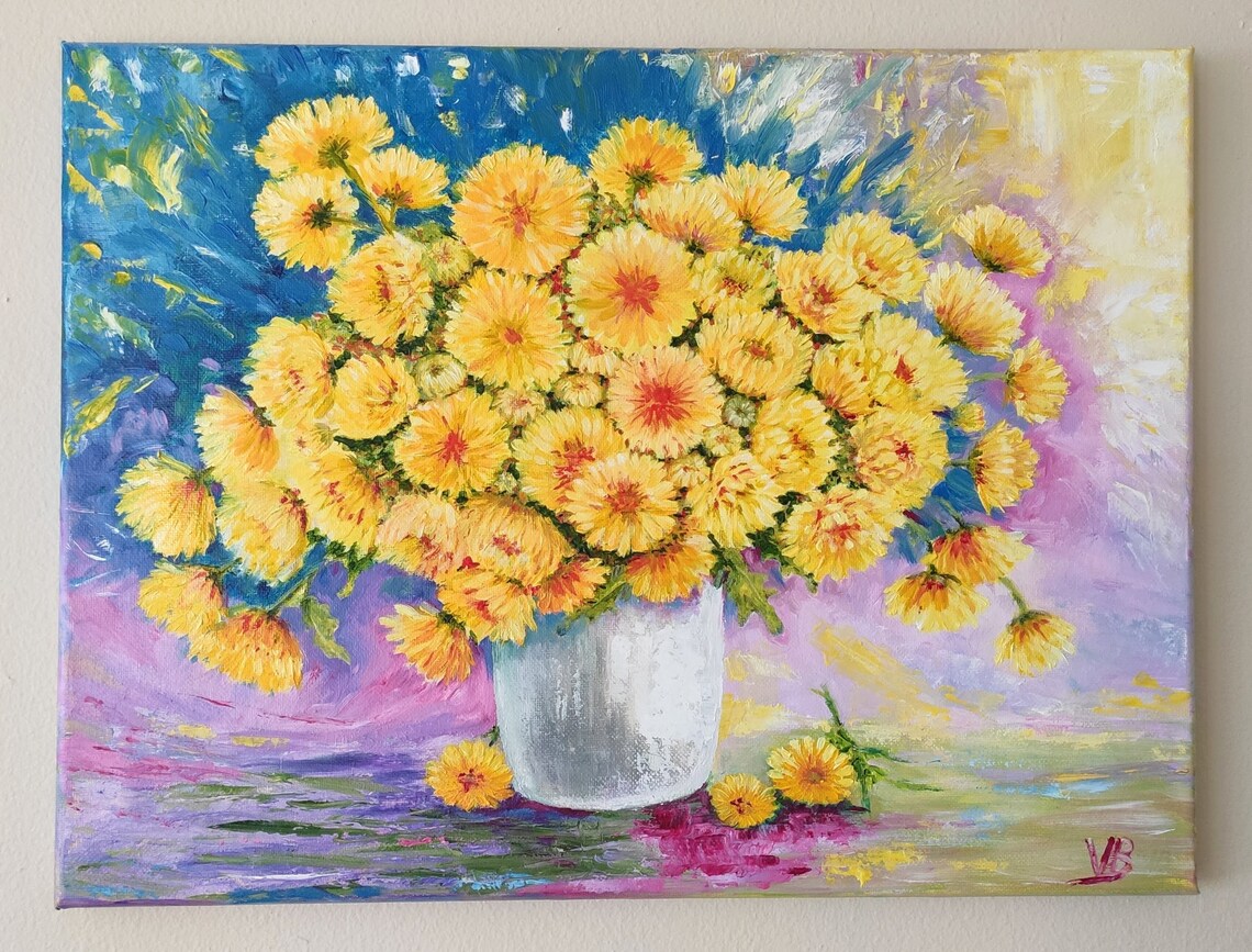 Golden Yellow Chrysanthemum Bouquet White Vase Bright Floral Poster - Image 4