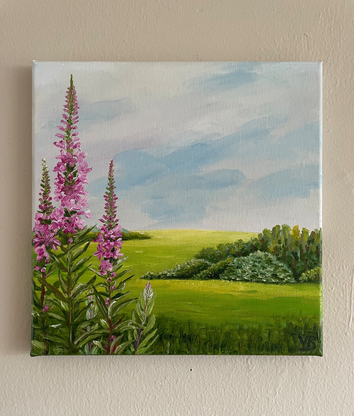 Green Meadow Pink Fireweed Wildflowers Landscape Oil Painting Poster - Image 4