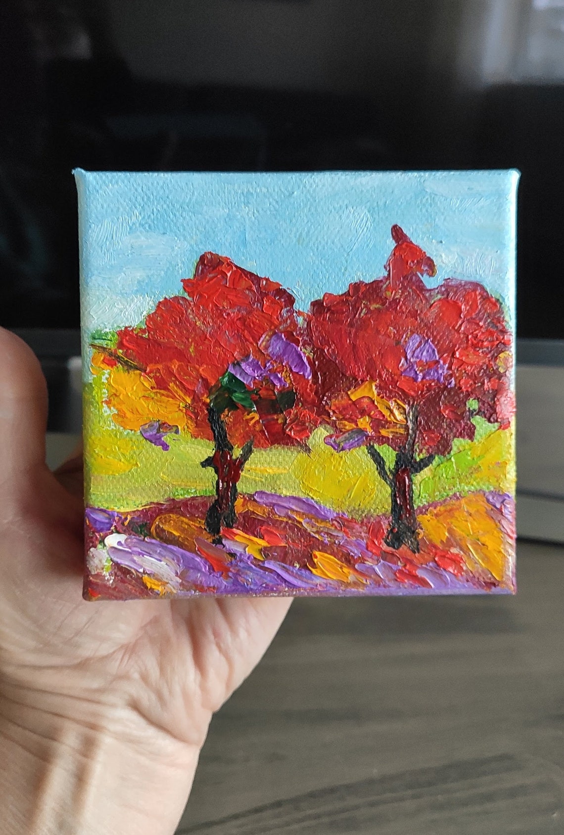 Red Autumn Trees Impasto Abstract Original Oil Painting Fall Wall Art - Image 2