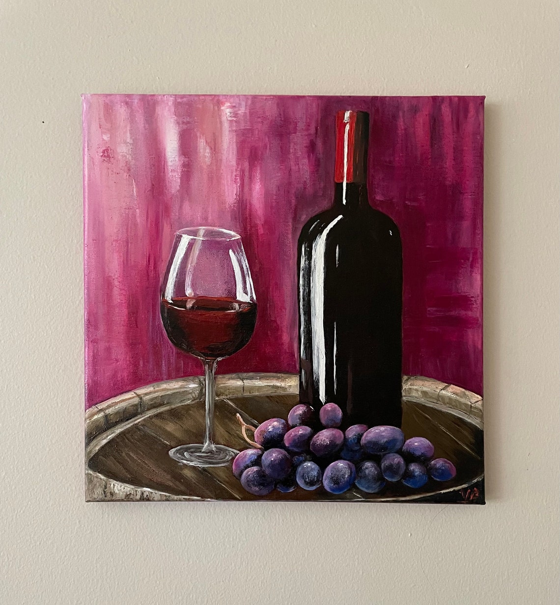 Red Wine Bottle Glass Grapes Still Life Oil Painting Kitchen Wall Art - Image 2