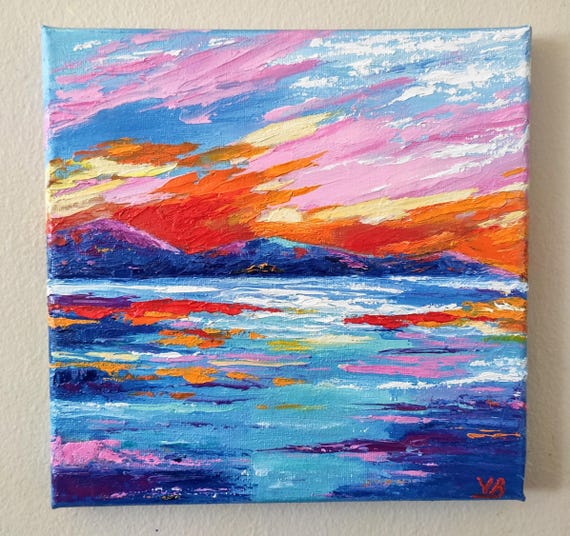 Tropical Hawaiian Sunset Seascape Original Handmade Oil Painting On Palette Knife Artwork Gallery Wall Art One Of A Kind Gift